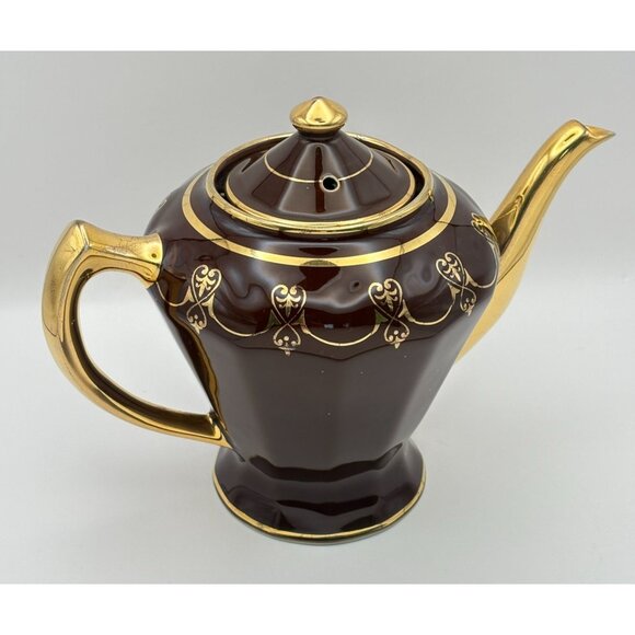 Vintage Art Deco Teapot Fraunfelter Brown with Gold Trim Ornate Design - Picture 12 of 12